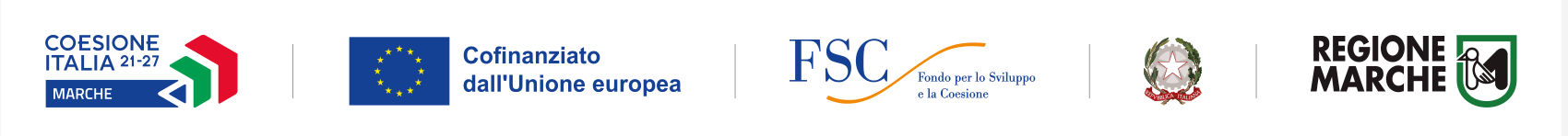 Loghi istituzionali Coesione Italia, Unione Europea, FSC, Repubblica Italiana e Regione Marche